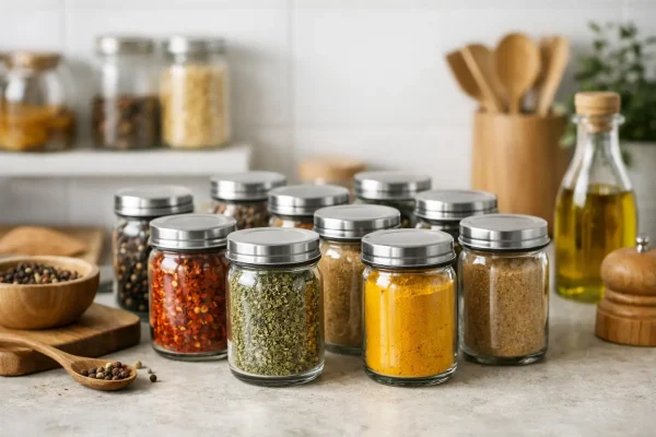 Krydderiglas med låg til et ryddeligt køkken