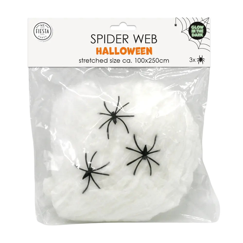 Kunstigt Spindelvæv Glow in the Dark 20 g med 3 Edderkopper